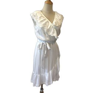 LC Lauren Conrad White Gauze Wrap Dress Belted XS Ruffled Mini Summer